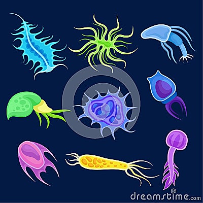 Set of multicolored plankton. Vector illustration on black background. Vector Illustration