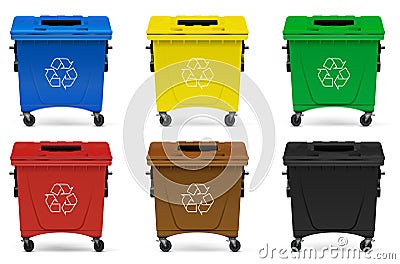 Set of multicolored plastic containers on wheels. Recycling containers for different types of waste with the recycling symbol Vector Illustration