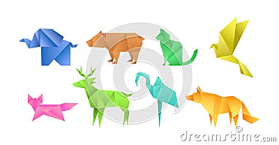 Set of multicolored polygonal animals silhouette. Low poly geometric triangular form zoo origami Vector Illustration