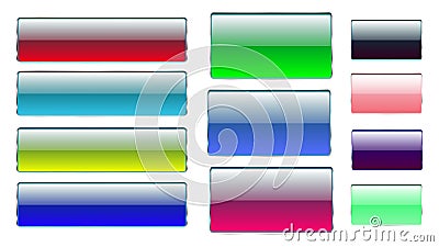 Set of multicolored rectangular and square glass transparent colorful bright beautiful vector buttons with silver metallic frame f Vector Illustration