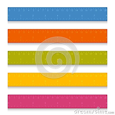 Set of multicolored school measuring rulers with centimeters and inches Vector Illustration