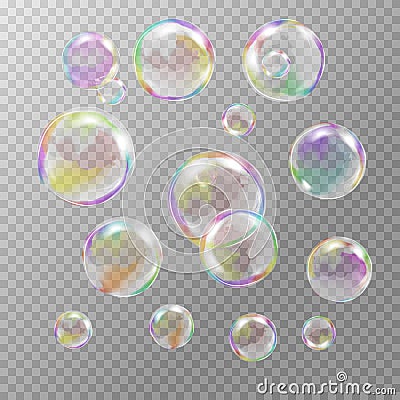 Set of multicolored transparent soap bubbles Vector Illustration