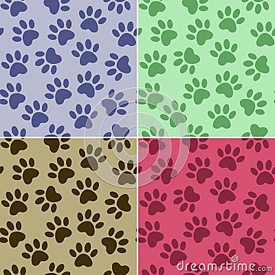 Set of multicolored vector backgrounds with paw print. Duplicate patterns and textures can be used for printing onto fabric, web Stock Photo