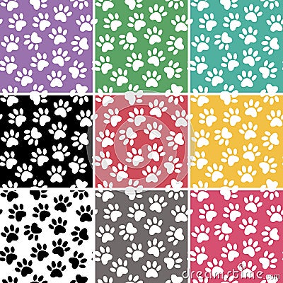 Set of multicolored vector backgrounds with paw print. Duplicate patterns and textures can be used for printing onto fabric, web Stock Photo