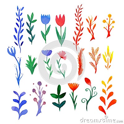 Set of multicolored watercolor flowers Vector Illustration