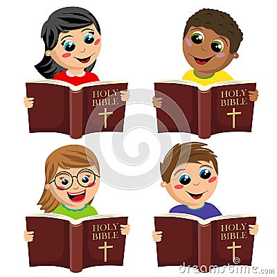 Set of multicultural happy kids reading holy bible book isolated on white Vector Illustration