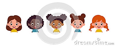 Set of multicultural kid girl heads. Children peeking out. Cartoon child characters. Vector illustration Vector Illustration