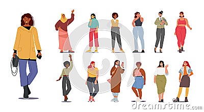 Set Multinational Female Characters, Caucasian, Arab, African or Asian Women Wear Trendy Clothes, Multiethnic Girls Vector Illustration