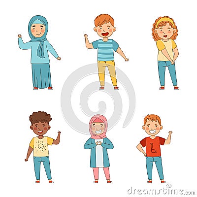 Set of multiracial happy children waving their hands in greeting cartoon vector illustration Vector Illustration