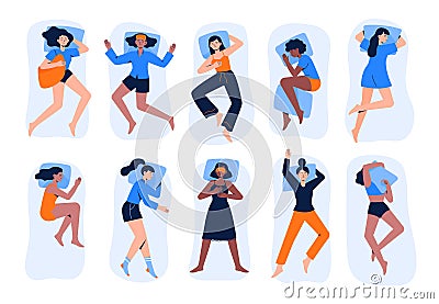 Set of multiracial sleeping women. Women lie in various poses during dream in bed. Vector Illustration