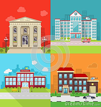 Set Municipal Buildings - City Hall, Hospital, School and Police Station. Vector Illustration