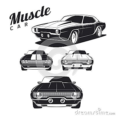 Set of muscle car icons and emblems on white background. Vector Illustration