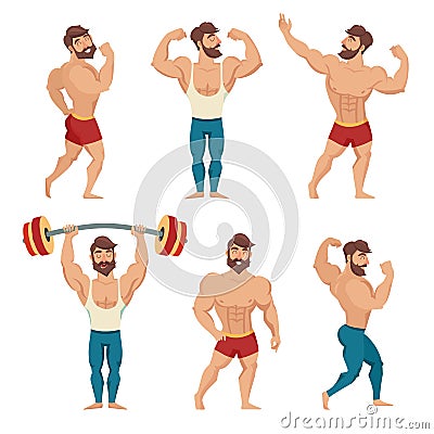 Set of muscular, bearded mans vector illustration. Fitness models, posing, bodybuilding Vector Illustration