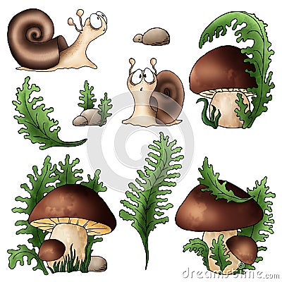 Set mushroom edible porcini and surprised snail sketch black outline different elements isolated Stock Photo