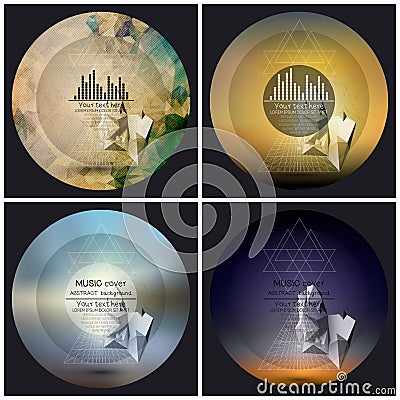 Set of 4 music album cover templates. Abstract multicolored backgrounds. 3D pyramids Stock Photo