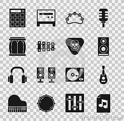 Set Music book with note, Guitar, Stereo speaker, Tambourine, Xylophone, Drum, machine and pick icon. Vector Vector Illustration