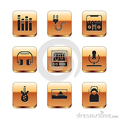 Set Music equalizer, Electric bass guitar, wave, Oscilloscope, Headphones, Home stereo with speakers, Man in headphones Vector Illustration