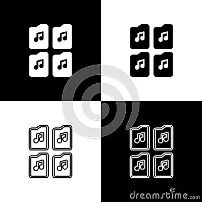 Set Music file document icon isolated on black and white background. Waveform audio file format for digital audio riff Vector Illustration