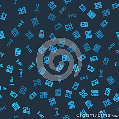 Set Music file document, player, Drum machine and Stereo speaker on seamless pattern. Vector Vector Illustration
