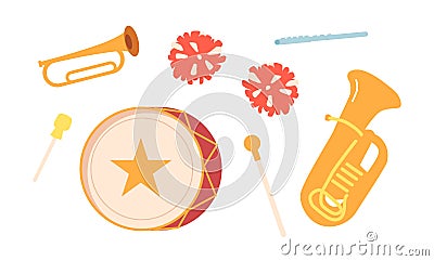 Set of Music Instruments for Orchestra. Horn, Tuba, Drum and Flute with Pompons and Conductor Stick Isolated on White Vector Illustration