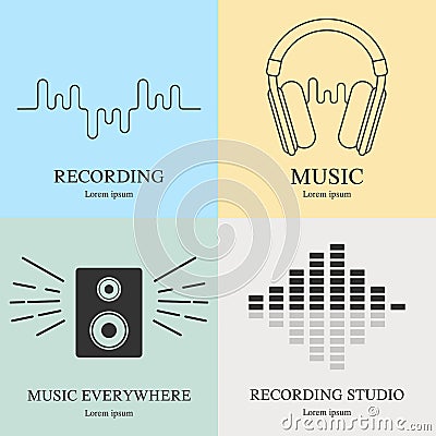 Set of music logos templates. Recording studio labels. Radio badges with sample text. Vector illustration for design, web. Vector Illustration