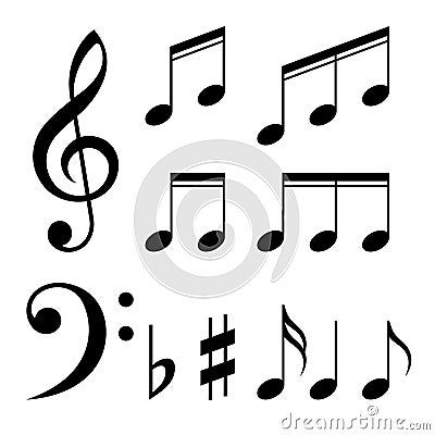 Set of music notes . Black and white silhouettes Vector Illustration