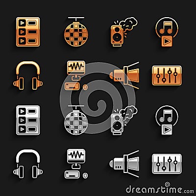 Set Music recording studio, Play square, Sound mixer controller, Movie spotlight, Headphones, Stereo speaker, playlist Vector Illustration