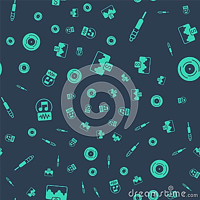Set Music wave equalizer, Audio jack, note, tone and Vinyl disk on seamless pattern. Vector Vector Illustration