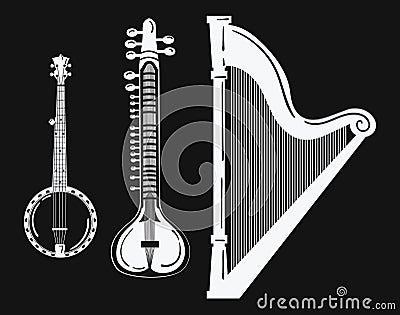 A set of musical instruments. Stylized harp. Black and white banjo illustration. Sitar. Collection of stringed musical Vector Illustration