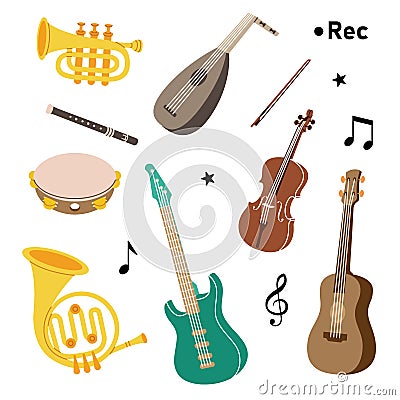 Set of musical instruments. Tuba, trumpet, drum flute, french horn, lute, violin, electric bass guitar, acoustic guitar Vector Illustration