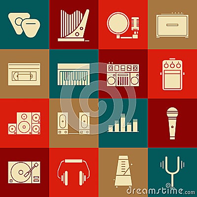 Set Musical tuning fork, Microphone, Guitar pedal, synthesizer, VHS video cassette tape, pick and DJ remote playing and Vector Illustration