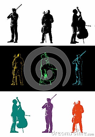 Set of musicians playing classical instruments. Men playing the violin, cello, and string bass. Vector isolated design elements Vector Illustration