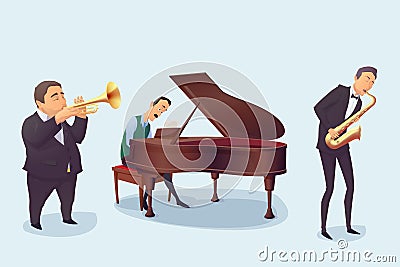 set of musicians on white background. Saxophonist, Pianist, Trumpeter. Cartoon style Vector Illustration