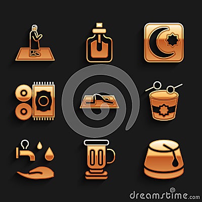 Set Muslim man prays, Medieval goblet, Turkish hat, Ramadan drum, Wudhu, Traditional carpet, Star and crescent and icon Stock Photo