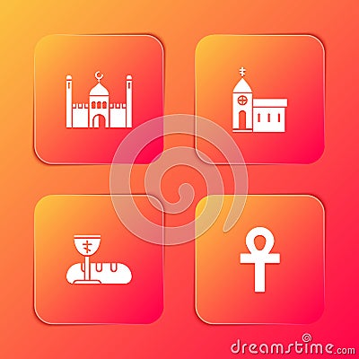 Set Muslim Mosque, Church building, First communion symbols and Cross ankh icon. Vector Vector Illustration