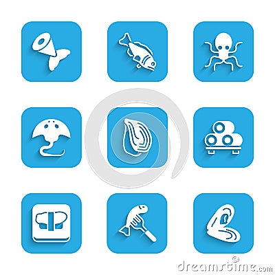 Set Mussel, Served fish on a plate, Sushi cutting board, Stingray, Octopus and Fish tail icon. Vector Vector Illustration