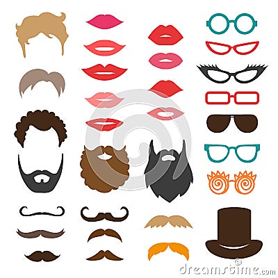 Set of mustache, beards, haircuts, lips and sunglasses. Vector Illustration