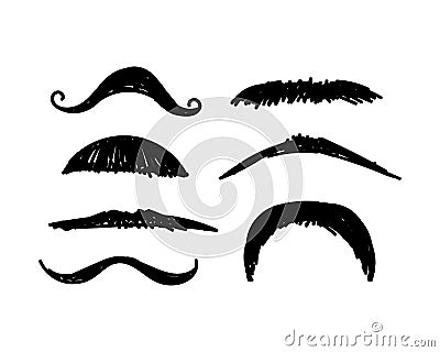 A set of mustachioed doodle icons. Hand-drawn doodles in sketch style. Line drawing of a simple mouth beard. Isolated Vector Illustration