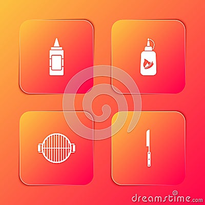 Set Mustard bottle, Ketchup, Barbecue grill and knife icon. Vector Vector Illustration