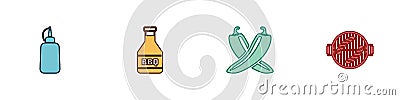 Set Mustard bottle, Ketchup, Crossed hot chili pepper pod and Barbecue grill with sausage icon. Vector Vector Illustration