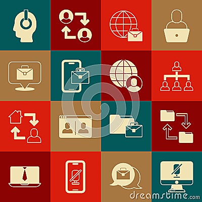 Set Mute microphone on computer, Cloud storage document folder, Hierarchy organogram chart, Online working, Freelancer Stock Photo