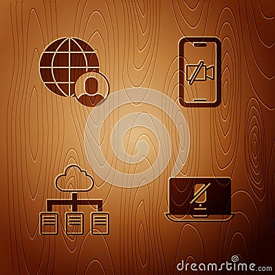 Set Mute microphone on laptop, Freelancer, Online working and Video camera Off mobile on wooden background. Vector Vector Illustration