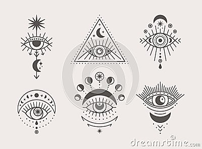 Set of Mystical Eyes, Sun and Moon Icons in a Trending Minimal Linear Style. Vector Isoteric Illustration Vector Illustration