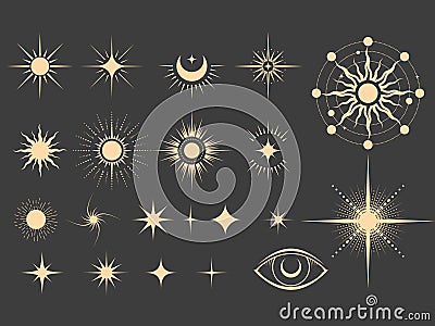 Set of mystical star icons, magic moon and astrology stars in tarot style, christmas decoration Vector Illustration