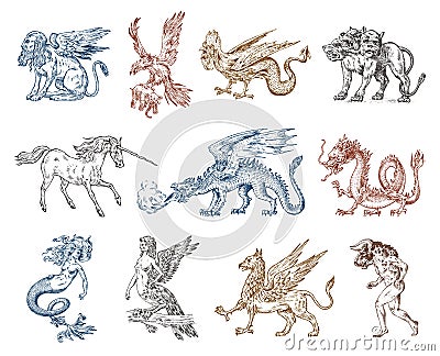 Set of Mythological animals. Mermaid Minotaur Unicorn Chinese dragon Cerberus Harpy Sphinx Griffin Mythical Basilisk Roc Vector Illustration