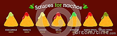 Set of nachos with different sauces, flavors on a red background. Mexican food Vector Illustration