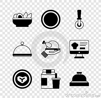 Set Nachos in plate, Plate, Pizza knife, Steak meat on, Online ordering and delivery, Hotel service bell, Covered with Vector Illustration