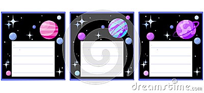 Set of name stickers with planets and stars on a black background Vector Illustration