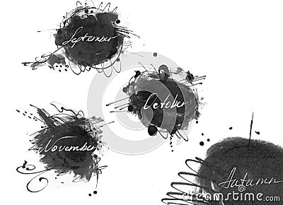 Set of names of autumn month: september, october, november, drawn by hand with liquid ink dye, in freehand style. Large raster ill Cartoon Illustration