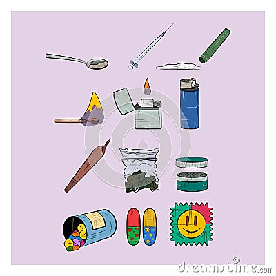 Set of narcotics. Different narcotic drug dependence. Colorful icons. Vector Illustration